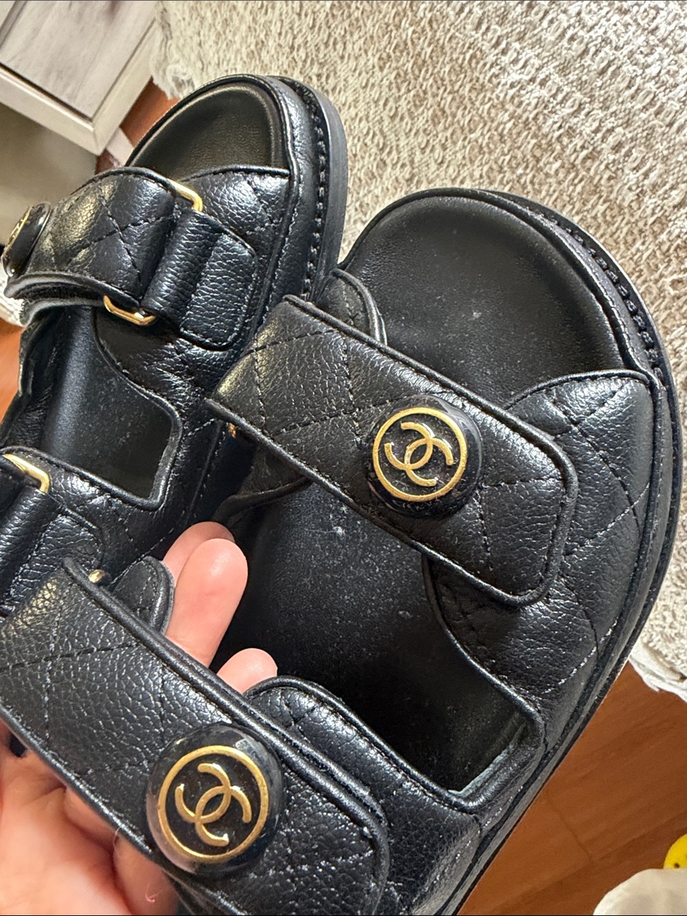 CHANEL Black Quilted Leather Velcro Logo Sandals with Gold CC - Picture 4 of 6
